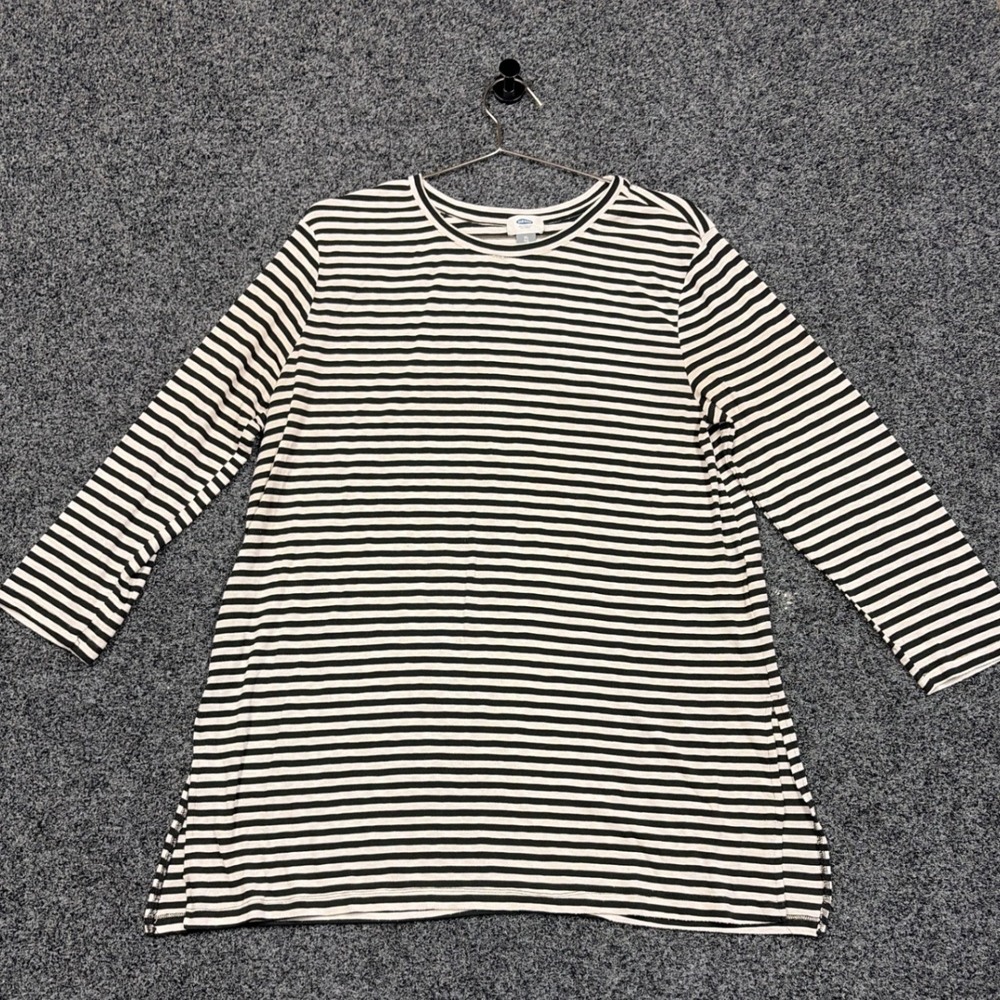 Old Navy Tunic Top Womens XL Black White Striped 3/4 Sleeve Side Slit Casual SEO